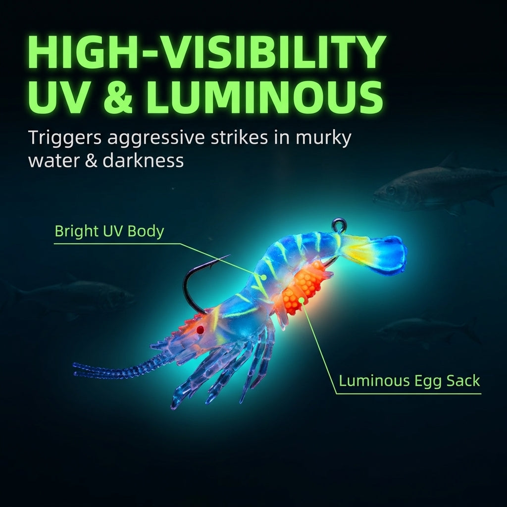 Soft Shrimp Lure 9cm/8g Glow UV Fluorescent Artificial Bait, Lifelike Legs Antenna Tail for Bass Trout Redfish