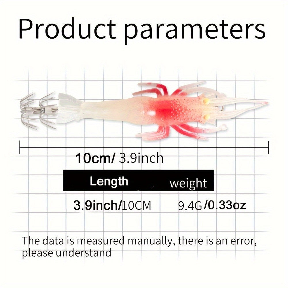 3pcs  Glow-in-Dark Soft Shrimp & Squid Lures - 10cm/9.5g Realistic Fishing Baits with 2Treble Hooks