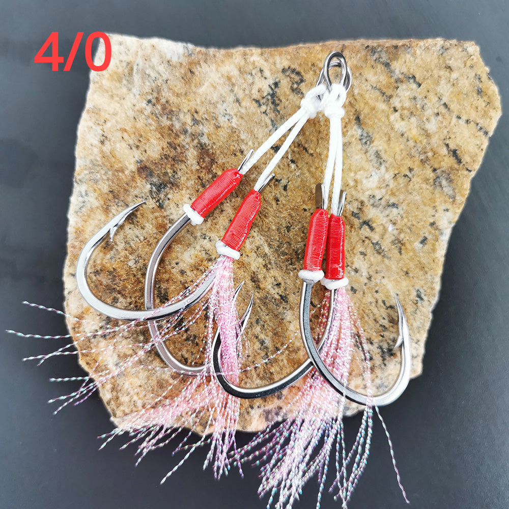 2 Pairs Saltwater Double Assist Fishing Hooks, Fishing Assist Hooks Kit Jig Assist Glow Hook Slow Fast Fall Jigs Fishing Hook For Lead Vertical Jigging Lures