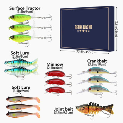 Premium 15-Pcs Fishing Lure Kit – Complete Tackle Set in a Gift Box with Hook Protectors