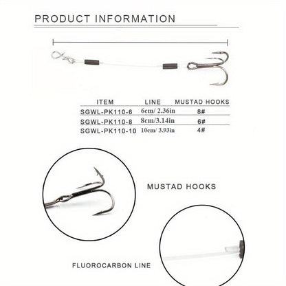 3pcs  Mustad STINGER RIG with Quick Change Hooks - High-Strength Wire Leader for Pike, Bass, and Predatory Fish