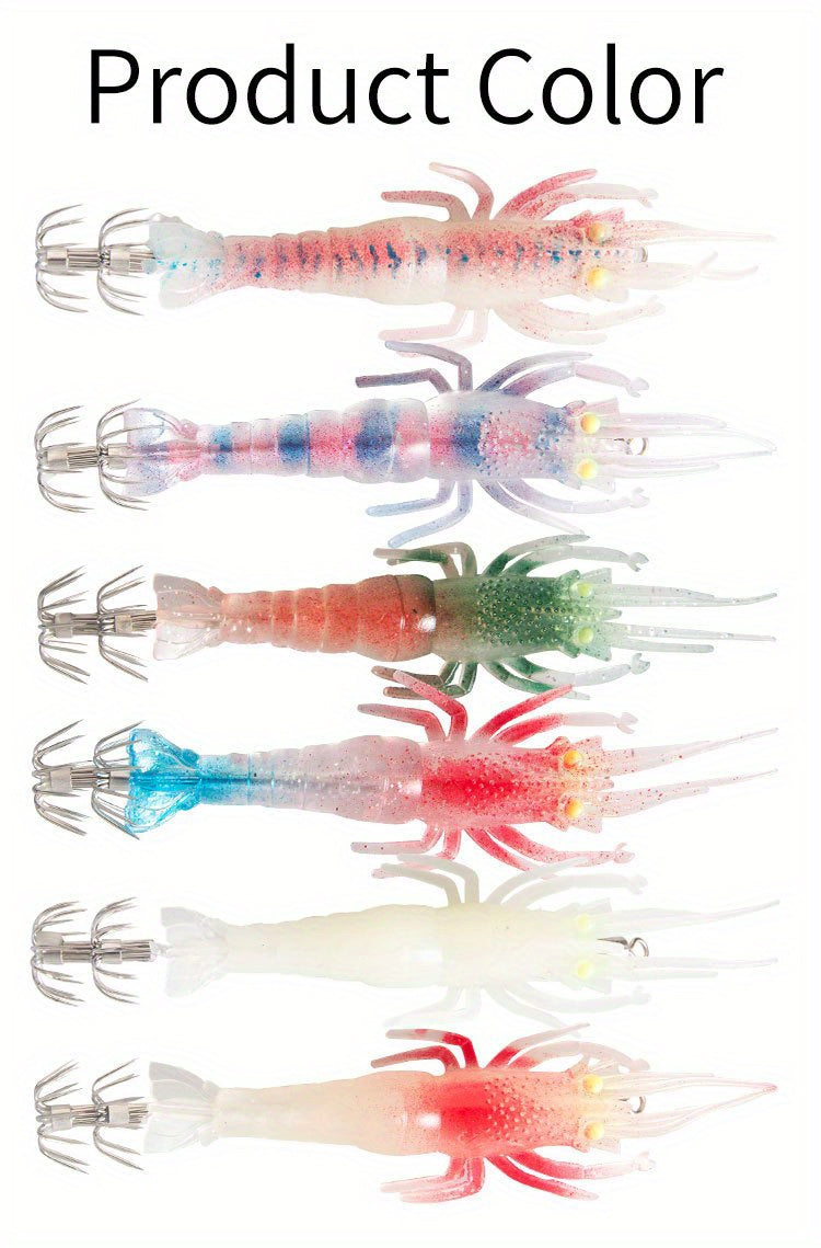 3pcs  Glow-in-Dark Soft Shrimp & Squid Lures - 10cm/9.5g Realistic Fishing Baits with 2Treble Hooks