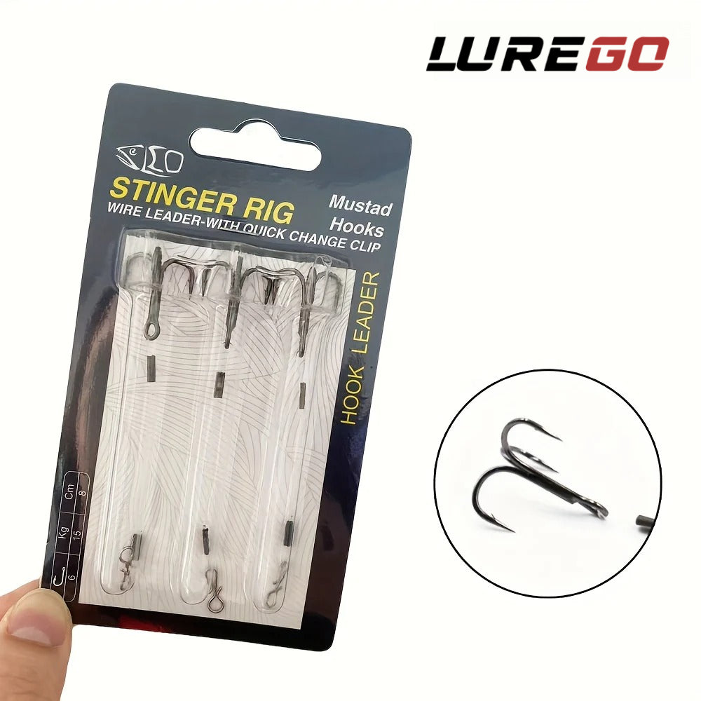 3pcs  Mustad STINGER RIG with Quick Change Hooks - High-Strength Wire Leader for Pike, Bass, and Predatory Fish