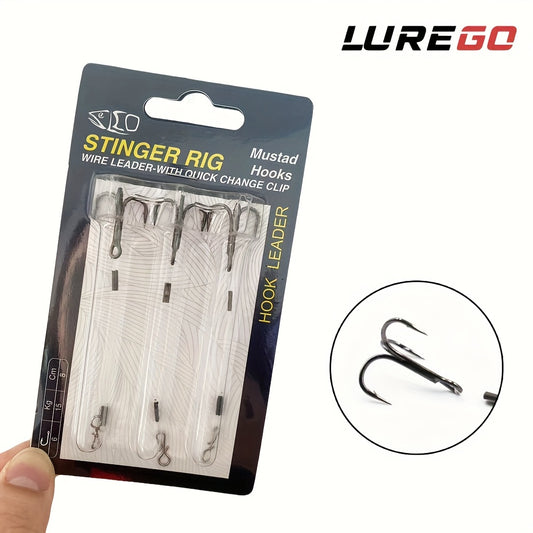 3pcs  Mustad STINGER RIG with Quick Change Hooks - High-Strength Wire Leader for Pike, Bass, and Predatory Fish