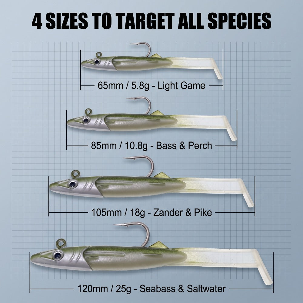 65-120MM Pre-Rigged Jig Head Soft Swimbait – T-Tail Baitfish Lure for Bass, Zander & Sea Bass Freshwater & Saltwater