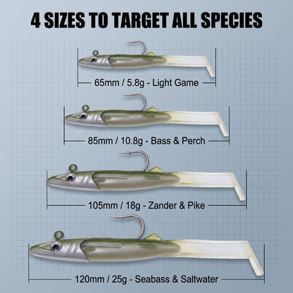 65-120MM Pre-Rigged Jig Head Soft Swimbait – T-Tail Baitfish Lure for Bass, Zander & Sea Bass Freshwater & Saltwater