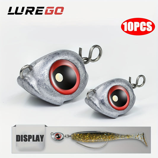 10pcs LUREGO Weedless Jighead Fishing Lures with 3D Red Eyes, Snag-Resistant Leadhead Design, Includes Display Bag - Perfect for Freshwater and Saltwater Fishing, Fishing Gear