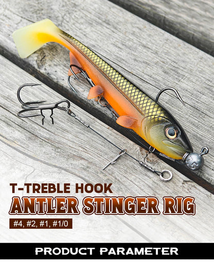 LUREGO 2pcs Strike Point Stinger Rig for Pike Fishing, Wide Bend T Belly Assist Hooks #4 #2 #1 #1/0, Soft Rubber Softbait Lure Fishing Accessorie
