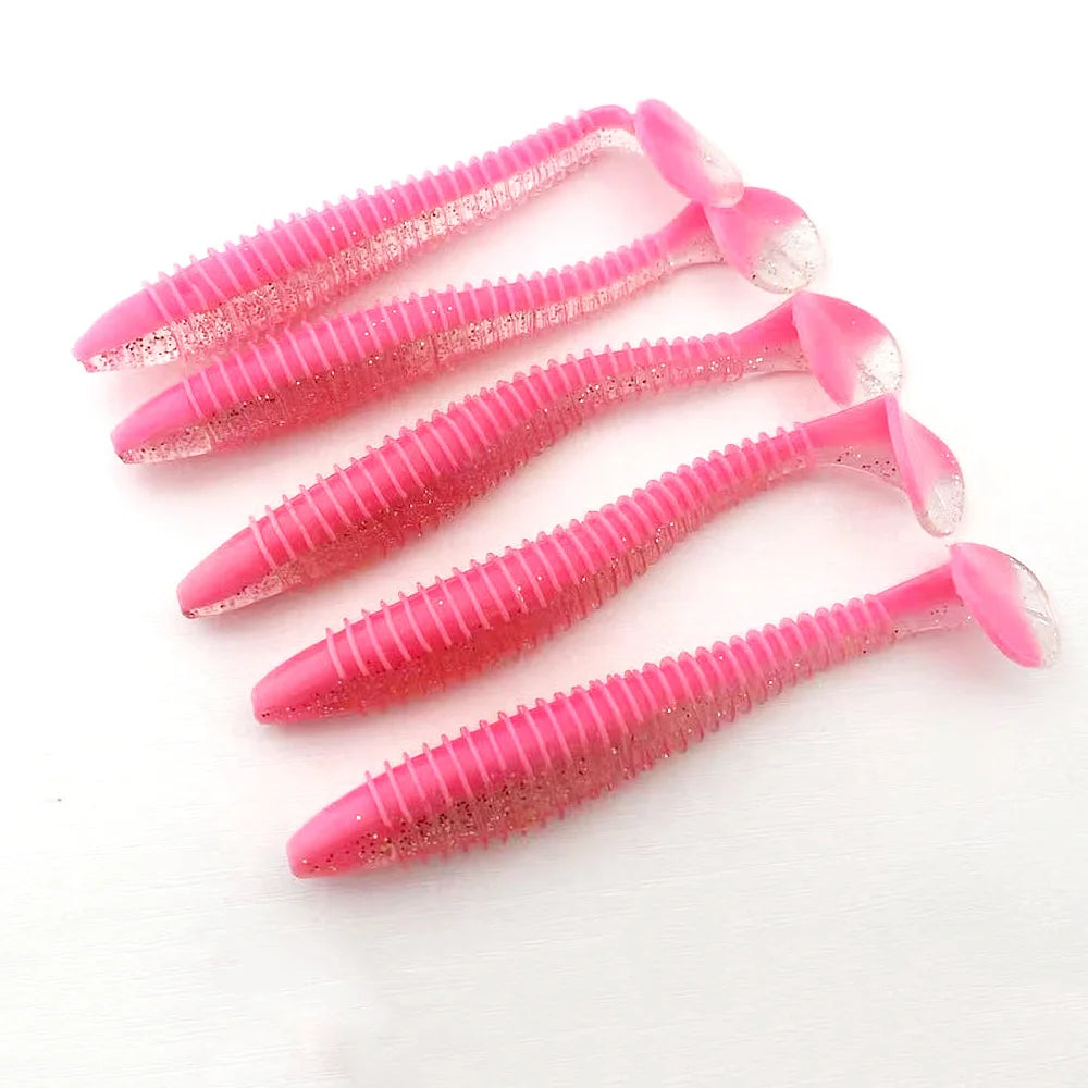 5PCS   Threaded T-tail Soft Bait 12CM, Helical Disturbance, All-Water Level Search, Multi-color Options Available.