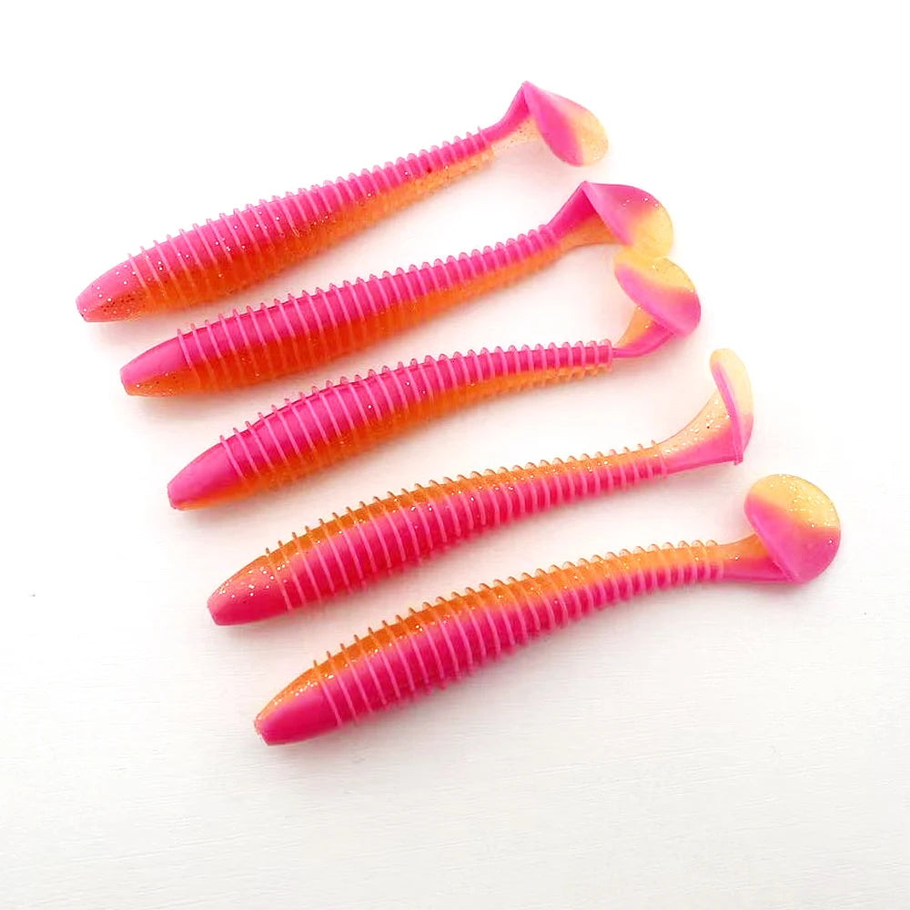 5PCS   Threaded T-tail Soft Bait 12CM, Helical Disturbance, All-Water Level Search, Multi-color Options Available.