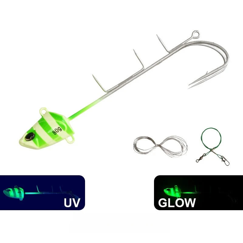 50‑200g Glow Twin Hook Tenya Metal Jig Lure, Imitation Fish Head Boat Fishing Lure For Hairtail Cutlassfish