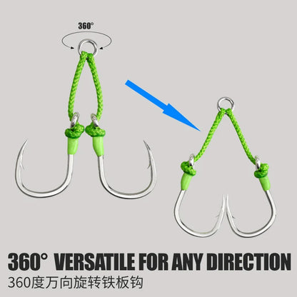 2PC Assit Hooks 360-degree PE tie line sea fishing with high-carbon steel iron plate auxiliary double hook