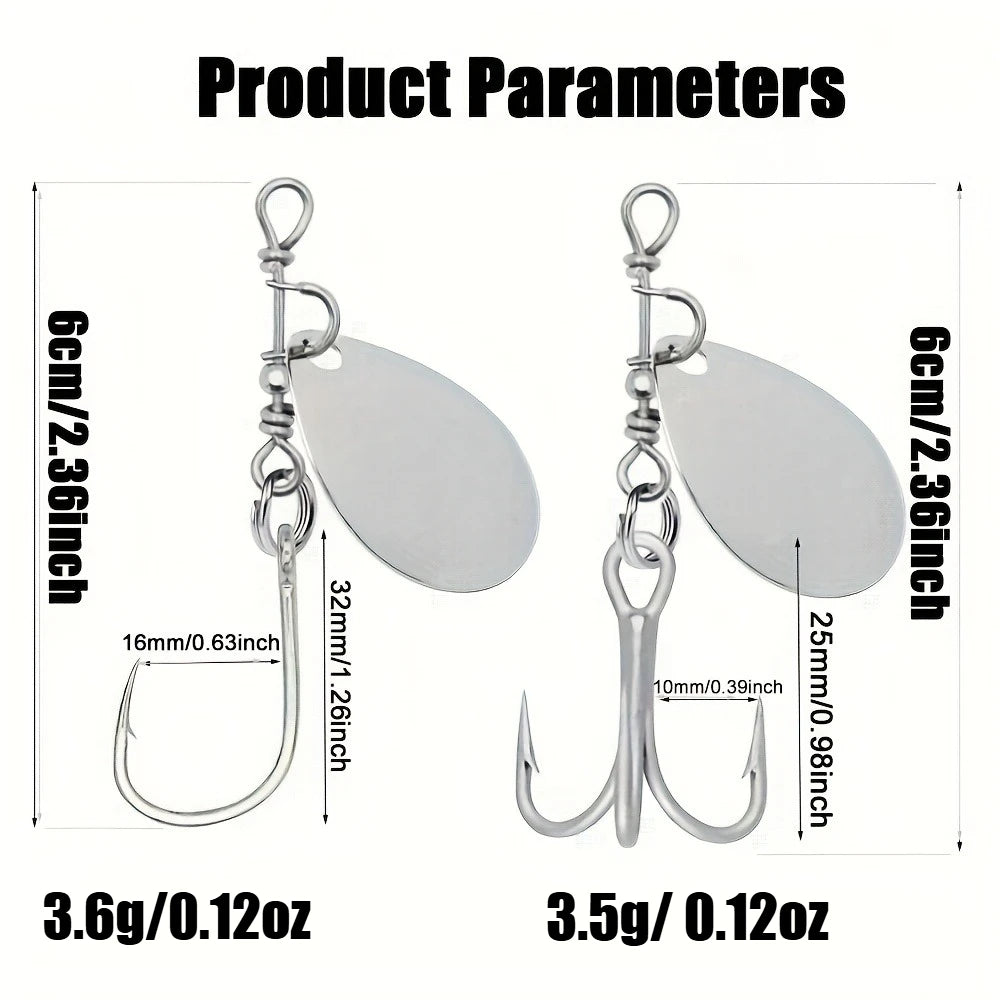 2 Pack Spinner Blade Hooks, Single & Treble Hook 2 Sizes Anti-Tangle Fishing Hooks