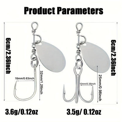 2 Pack Spinner Blade Hooks, Single & Treble Hook 2 Sizes Anti-Tangle Fishing Hooks