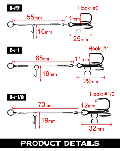LUREGO 2pcs Strike Point Stinger Rig for Pike Fishing, Wide Bend T Belly Assist Hooks #4 #2 #1 #1/0, Soft Rubber Softbait Lure Fishing Accessorie