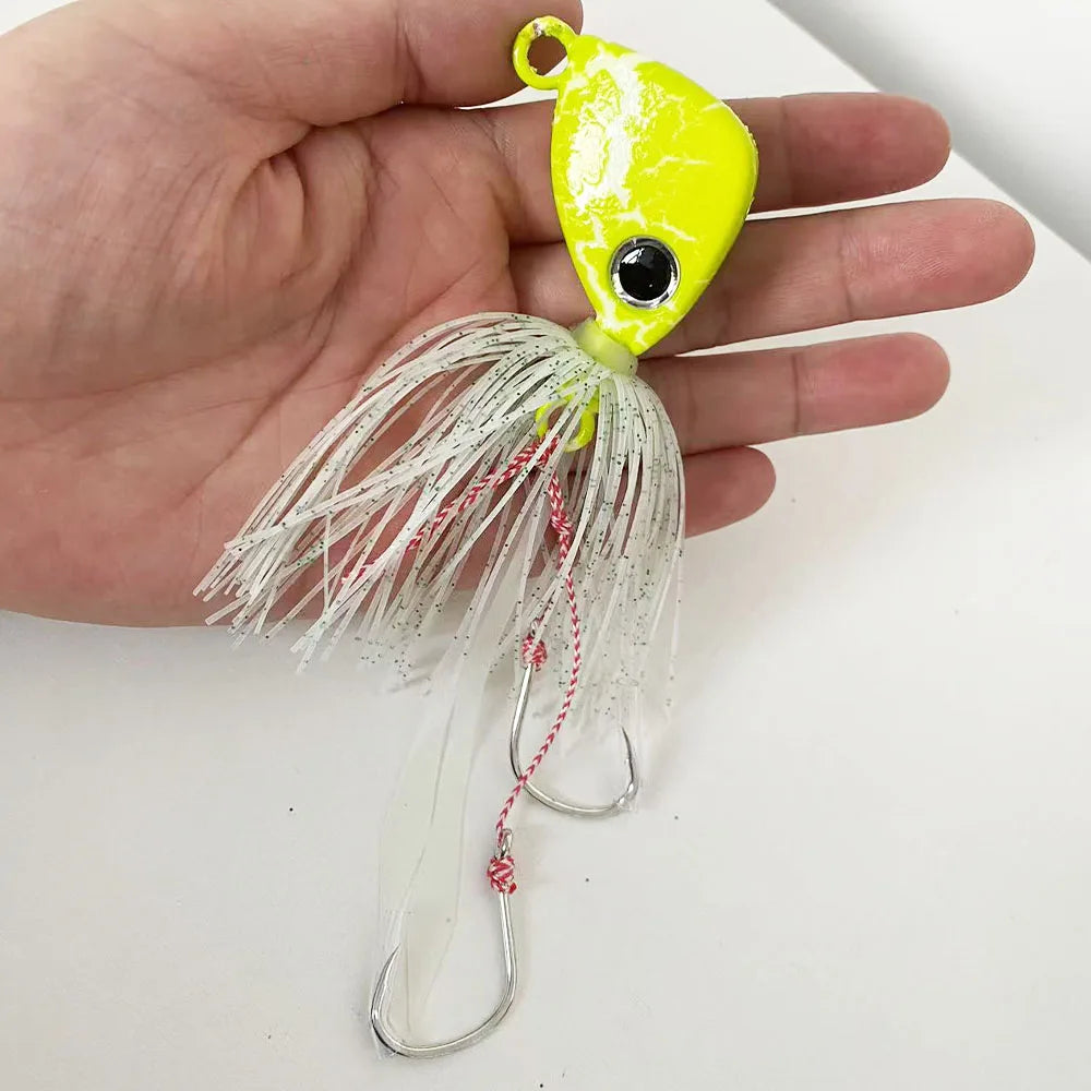 100g-250g Jigging Lure | Offshore Saltwater Jigging Lure with Squid Skirt Double Hooks