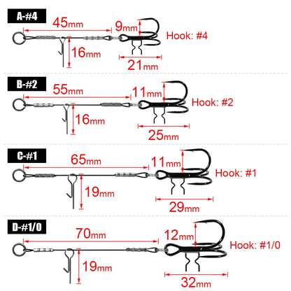 LUREGO 2pcs Strike Point Stinger Rig for Pike Fishing, Wide Bend T Belly Assist Hooks #4 #2 #1 #1/0, Soft Rubber Softbait Lure Fishing Accessorie