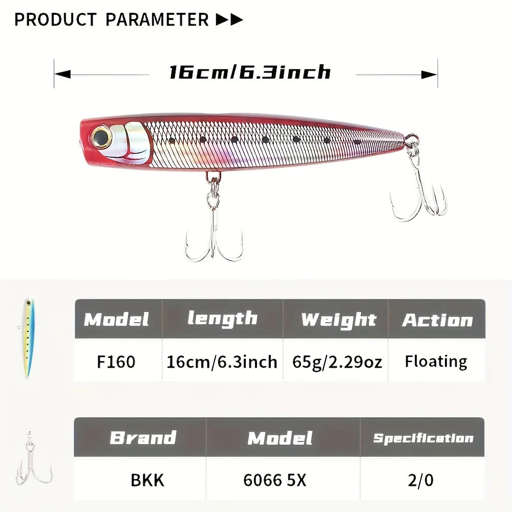Popper Lure 130-160mm | Topwater Saltwater Hard Bait, Floating & Impact-Resistant