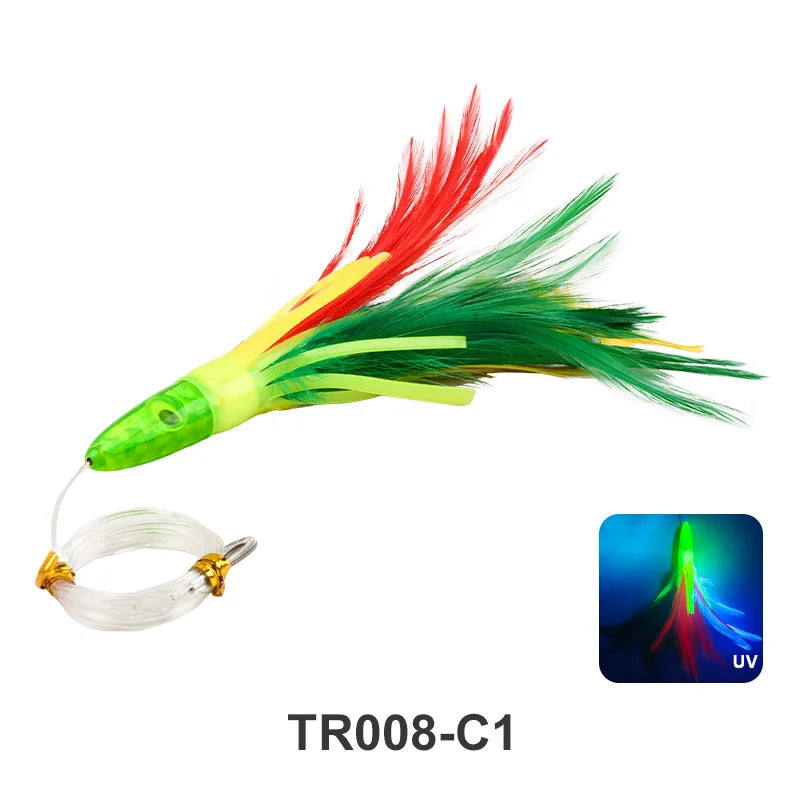160mm/46g Feather Trolling Lure, Resin Fish Head UV Bionic Spanish Mackerel Sea Fishing Bait for Saltwater Trolling Fishing