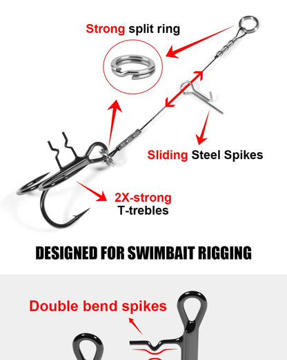LUREGO 2pcs Strike Point Stinger Rig for Pike Fishing, Wide Bend T Belly Assist Hooks #4 #2 #1 #1/0, Soft Rubber Softbait Lure Fishing Accessorie