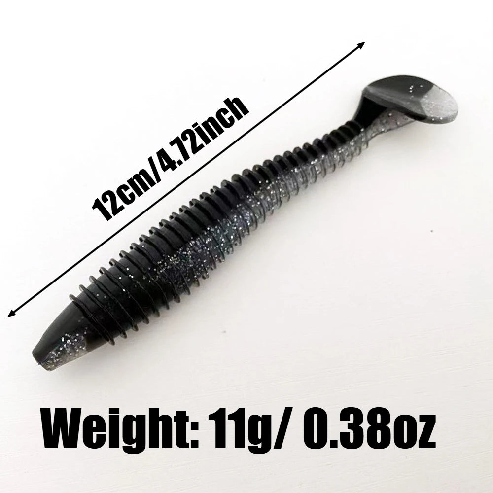 5PCS   Threaded T-tail Soft Bait 12CM, Helical Disturbance, All-Water Level Search, Multi-color Options Available.