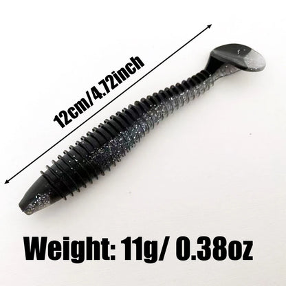 5PCS   Threaded T-tail Soft Bait 12CM, Helical Disturbance, All-Water Level Search, Multi-color Options Available.