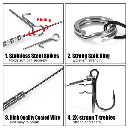 LUREGO 2pcs Strike Point Stinger Rig for Pike Fishing, Wide Bend T Belly Assist Hooks #4 #2 #1 #1/0, Soft Rubber Softbait Lure Fishing Accessorie