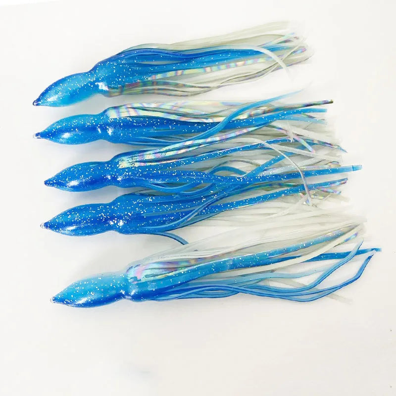 5PCS Bullet Head Squid Skirt Soft Plastic Bait | Saltwater Jigging Lure for Tuna & Sea Bass | 6" 7" Large Size | Puncture-Proof