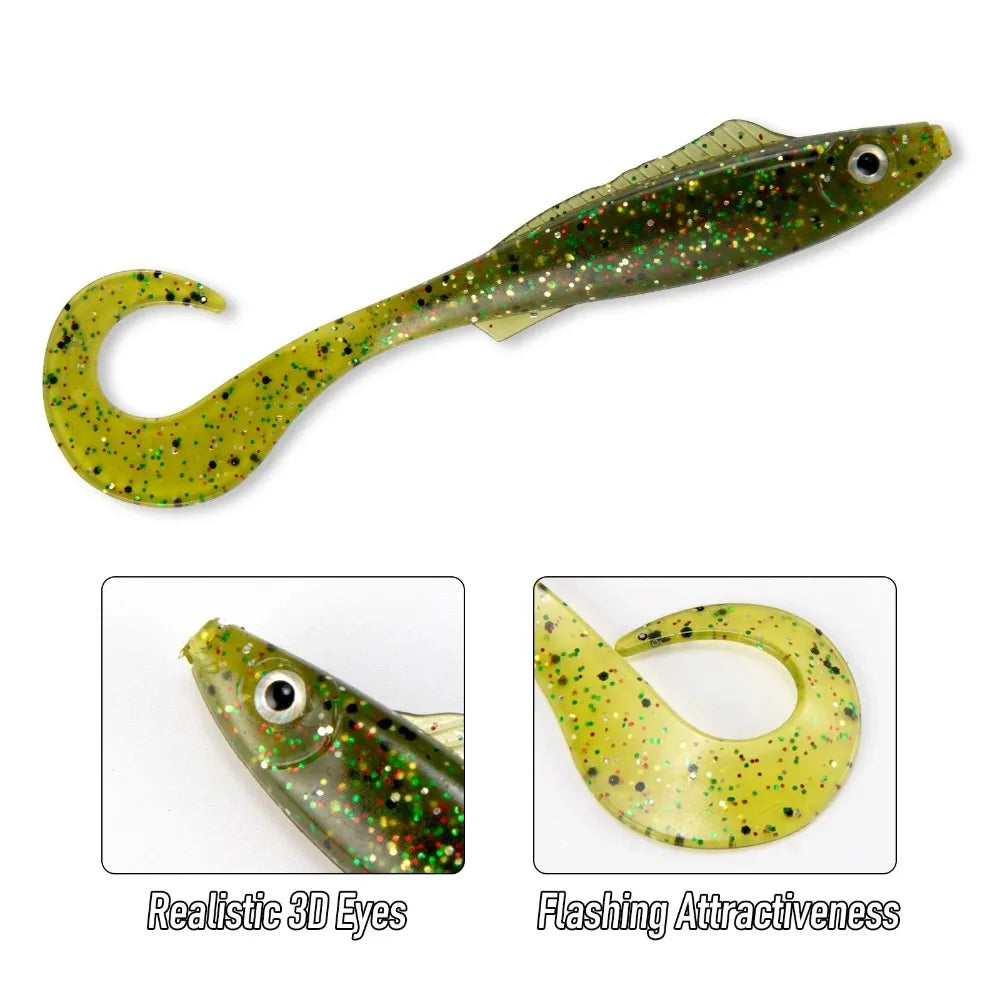 5PCS  3D Curl Grub Soft Lure | 9.4cm 4.1g Bionic Design with Two-Tone Eyes