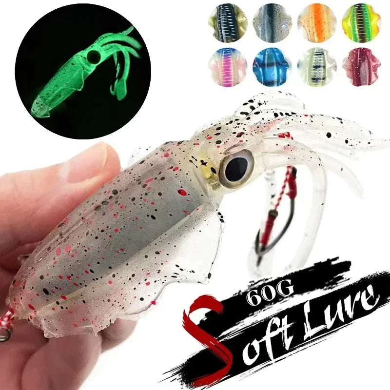 60g Soft Squid Bait Fishing Trolling Lure Octopus Head Jigs Luminous UV Squid Jig