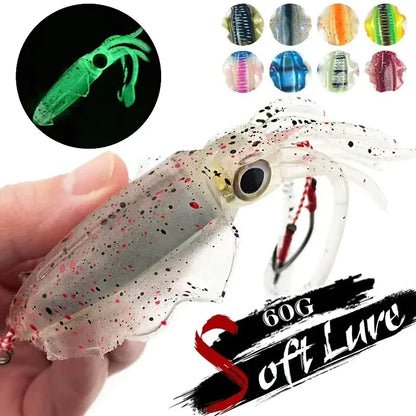 60g Soft Squid Bait Fishing Trolling Lure Octopus Head Jigs Luminous UV Squid Jig