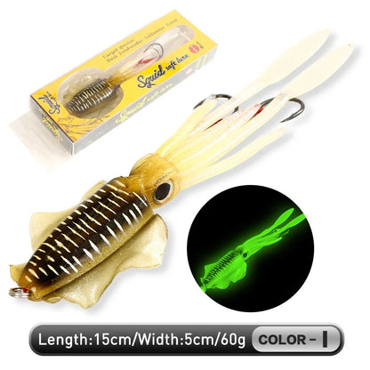 60g Soft Squid Bait Fishing Trolling Lure Octopus Head Jigs Luminous UV Squid Jig