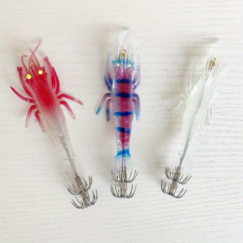 3pcs  Glow-in-Dark Soft Shrimp & Squid Lures - 10cm/9.5g Realistic Fishing Baits with 2Treble Hooks