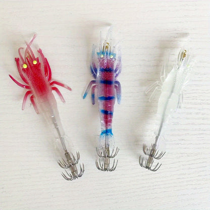 3pcs  Glow-in-Dark Soft Shrimp & Squid Lures - 10cm/9.5g Realistic Fishing Baits with 2Treble Hooks