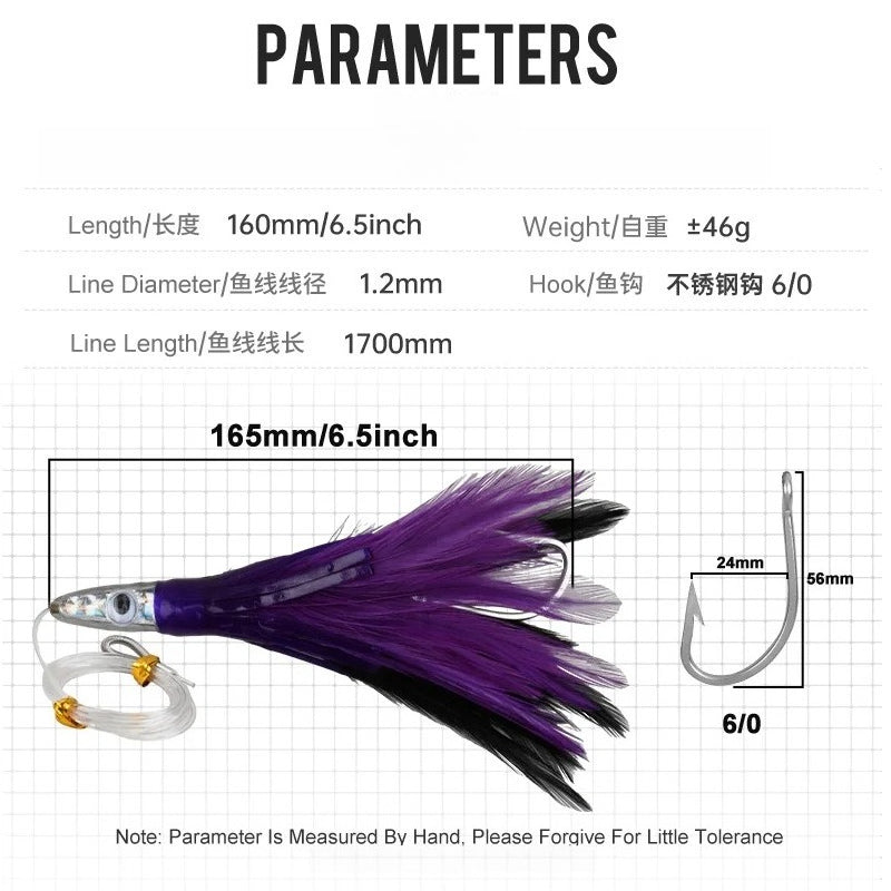 160mm/46g Feather Trolling Lure, Resin Fish Head UV Bionic Spanish Mackerel Sea Fishing Bait for Saltwater Trolling Fishing