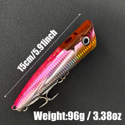Long Cast 96g Heavy-Duty Popper Lure – 15cm Giant Topwater Plug, Realistic Saltwater Fishing Lure for Bass & Big Game