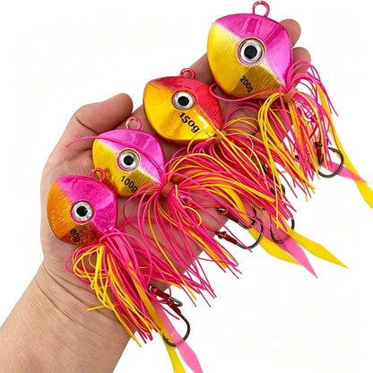 80g-200g 3D Eyes Laser Jig Lure, Heavy Skirted Swimbait for Deep Jigging Long Cast Saltwater Freshwater Fishing Bait