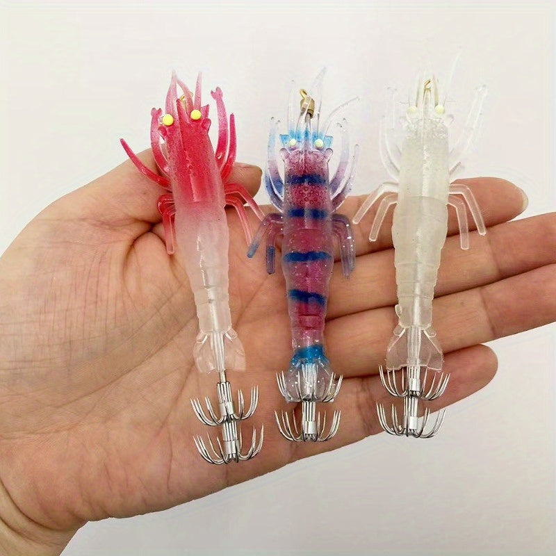 3pcs  Glow-in-Dark Soft Shrimp & Squid Lures - 10cm/9.5g Realistic Fishing Baits with 2Treble Hooks