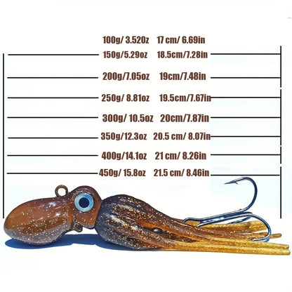 100g-450g Triple Size TPE Jig Bait - Deep Sea Giant Squid Lure with 2Treble Hooks, Realistic Fish Scale Detailing