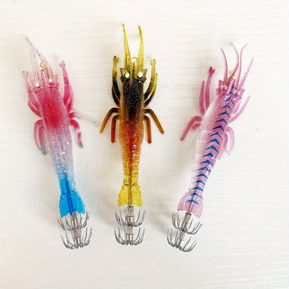 3pcs  Glow-in-Dark Soft Shrimp & Squid Lures - 10cm/9.5g Realistic Fishing Baits with 2Treble Hooks