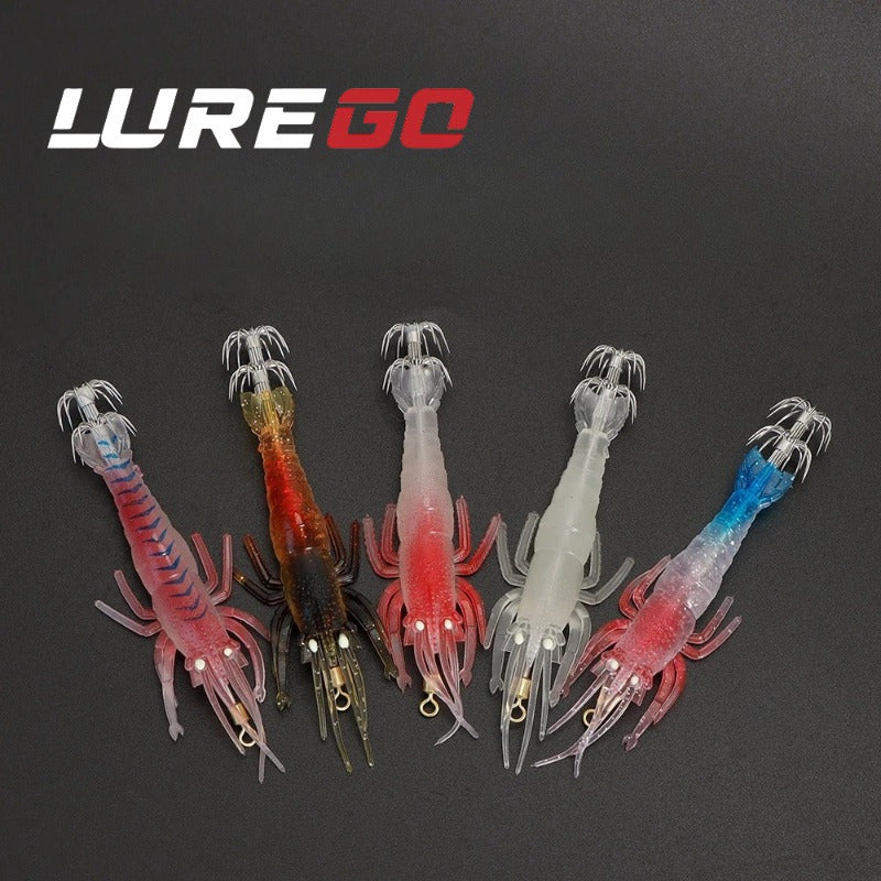 3pcs  Glow-in-Dark Soft Shrimp & Squid Lures - 10cm/9.5g Realistic Fishing Baits with 2Treble Hooks