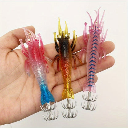 3pcs  Glow-in-Dark Soft Shrimp & Squid Lures - 10cm/9.5g Realistic Fishing Baits with 2Treble Hooks