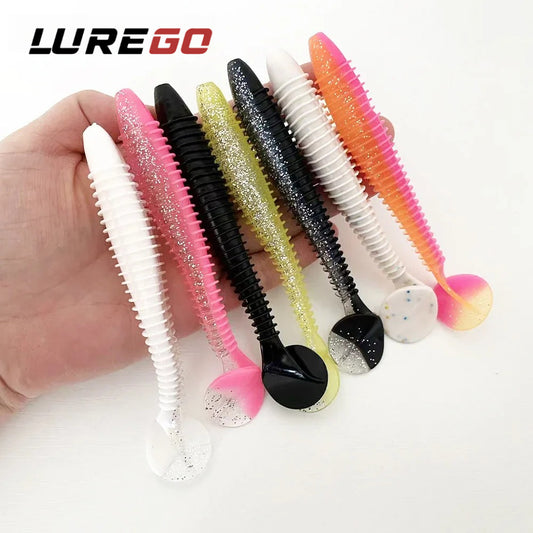 5PCS   Threaded T-tail Soft Bait 12CM, Helical Disturbance, All-Water Level Search, Multi-color Options Available.