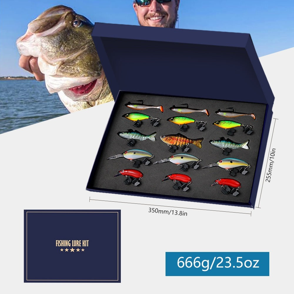 Premium 15-Pcs Fishing Lure Kit – Complete Tackle Set in a Gift Box with Hook Protectors